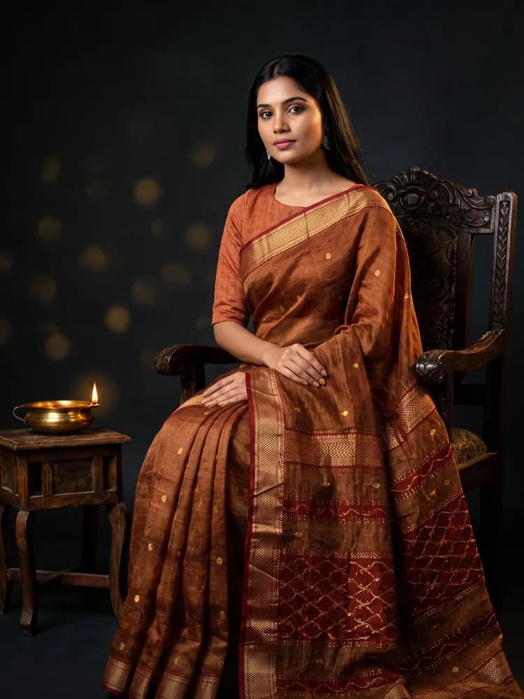 Lamp-lit — Maheshwari Tissue Saree — Rust