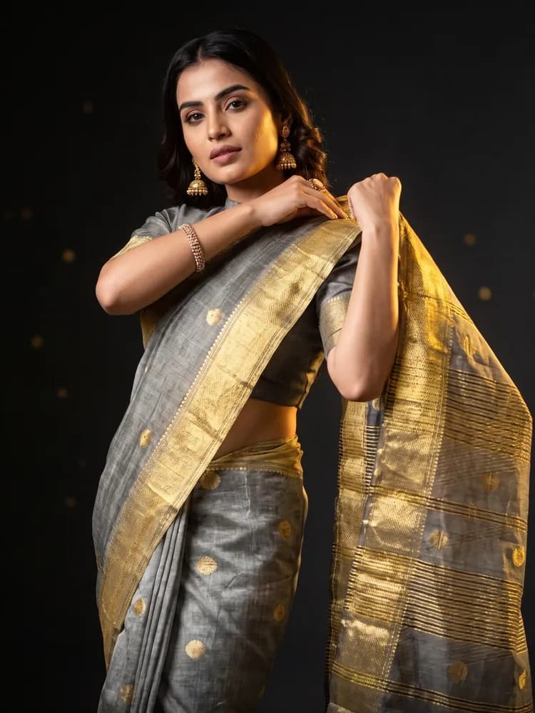 Silver & Gold — Maheshwari Tissue Saree — Grey