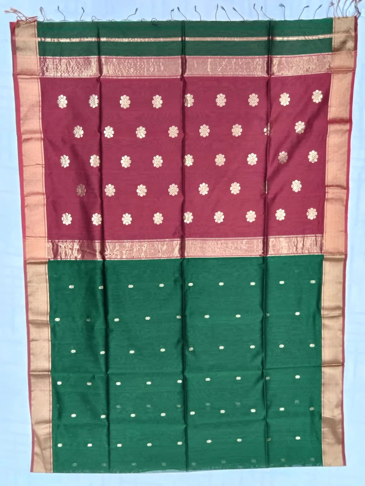Maheshwari Silk-cotton Saree — Maroon and teal