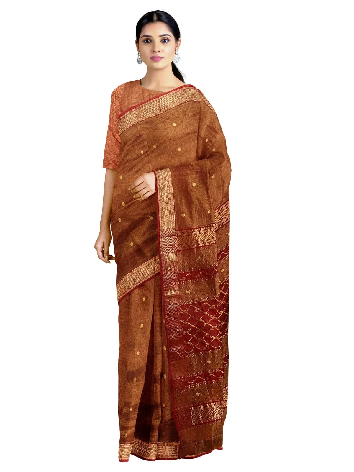 Maheshwari Tissue Saree — Rust