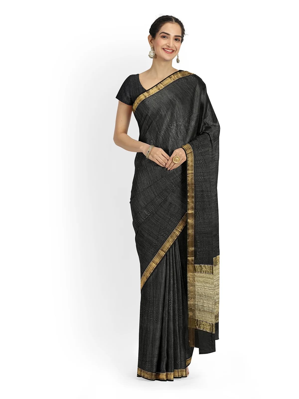 Maheshwari Silk-cotton Saree — Navy and beige