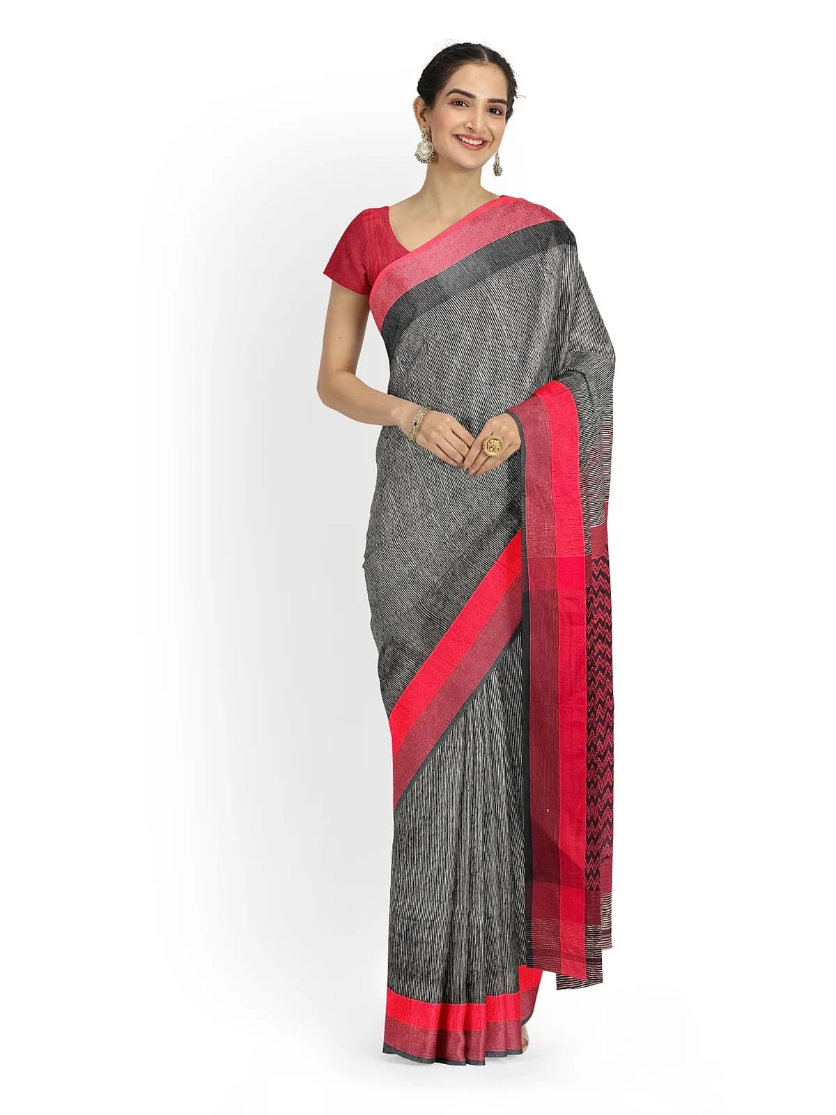 Maheshwari Saree — Grey and red
