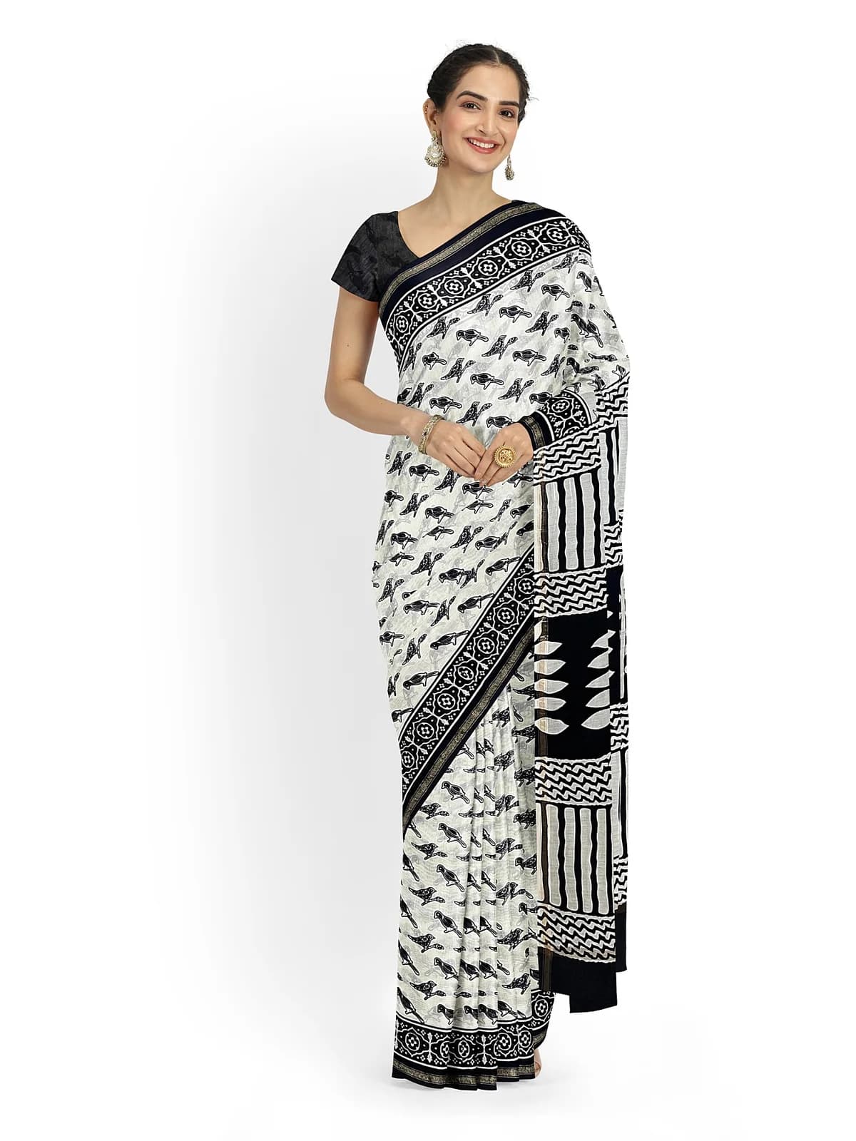 Printed Cotton Saree — White and black