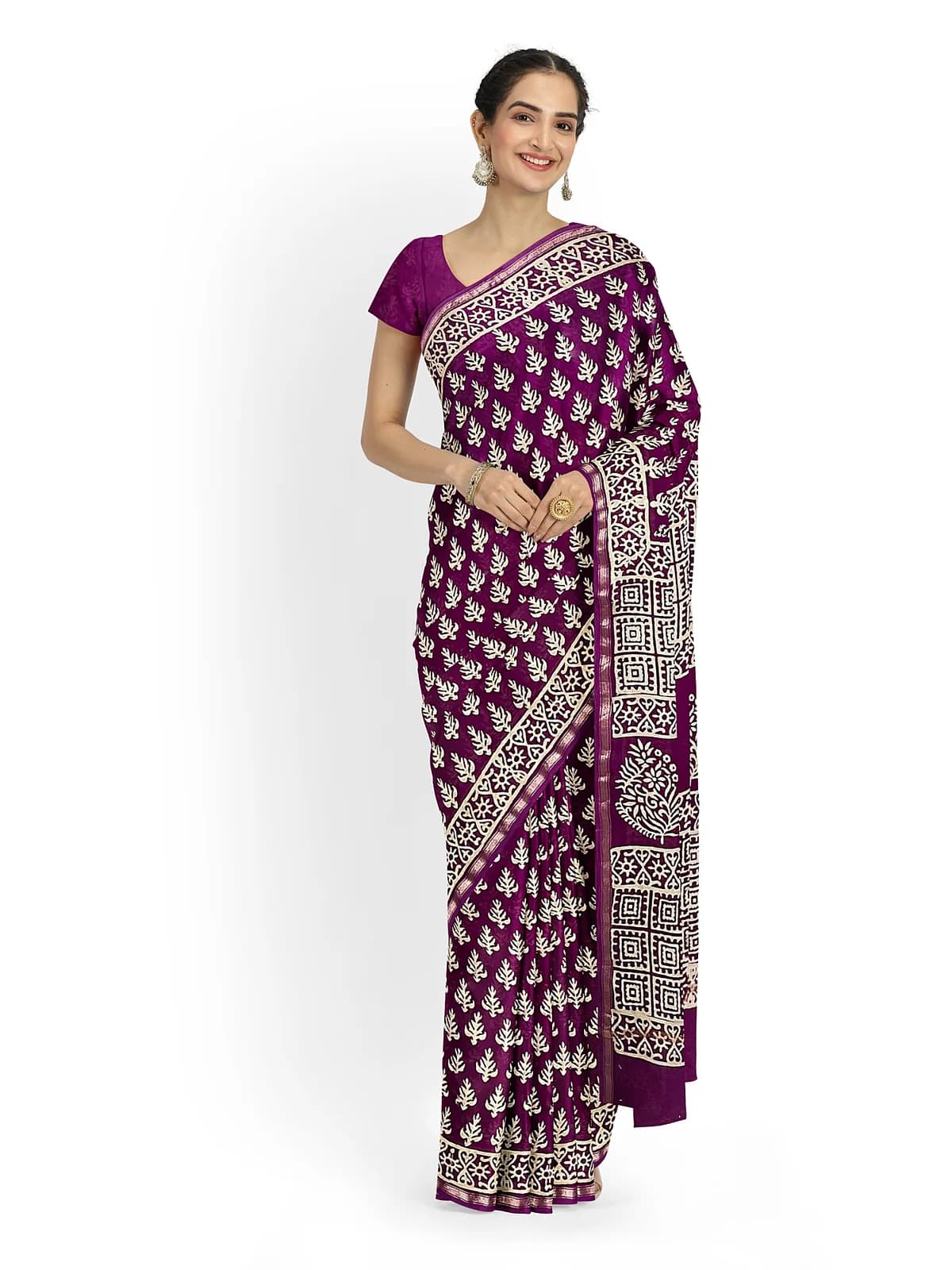 Printed Cotton Saree — Plum
