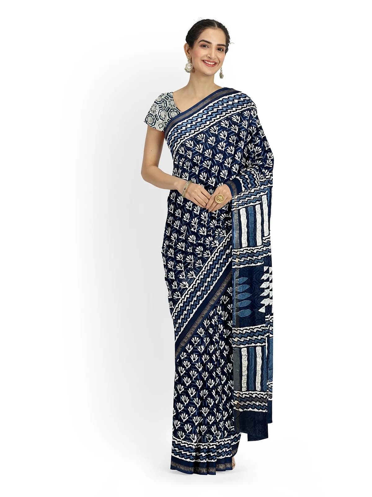 Printed Cotton Saree — Indigo