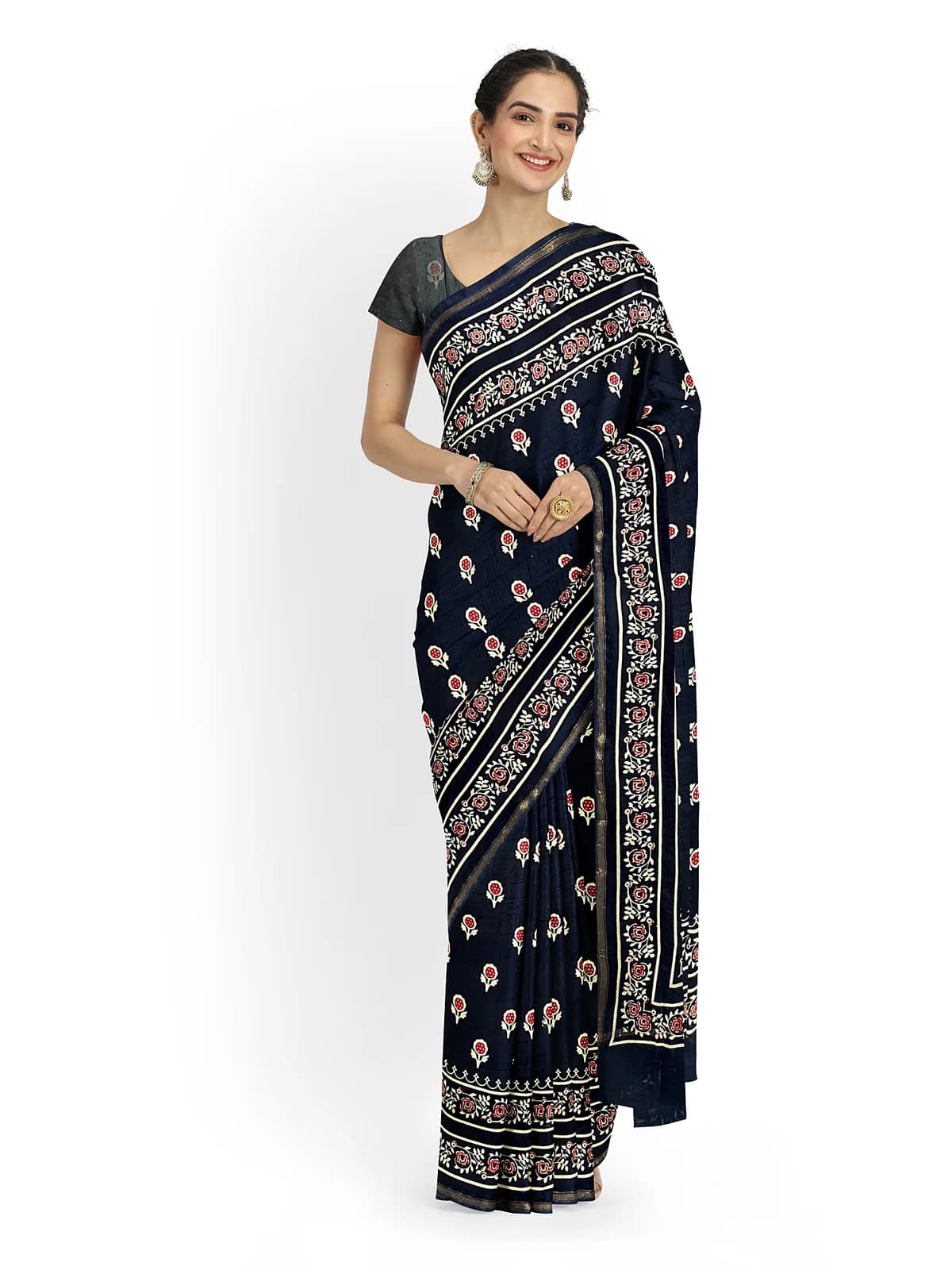Printed Cotton Saree — Navy