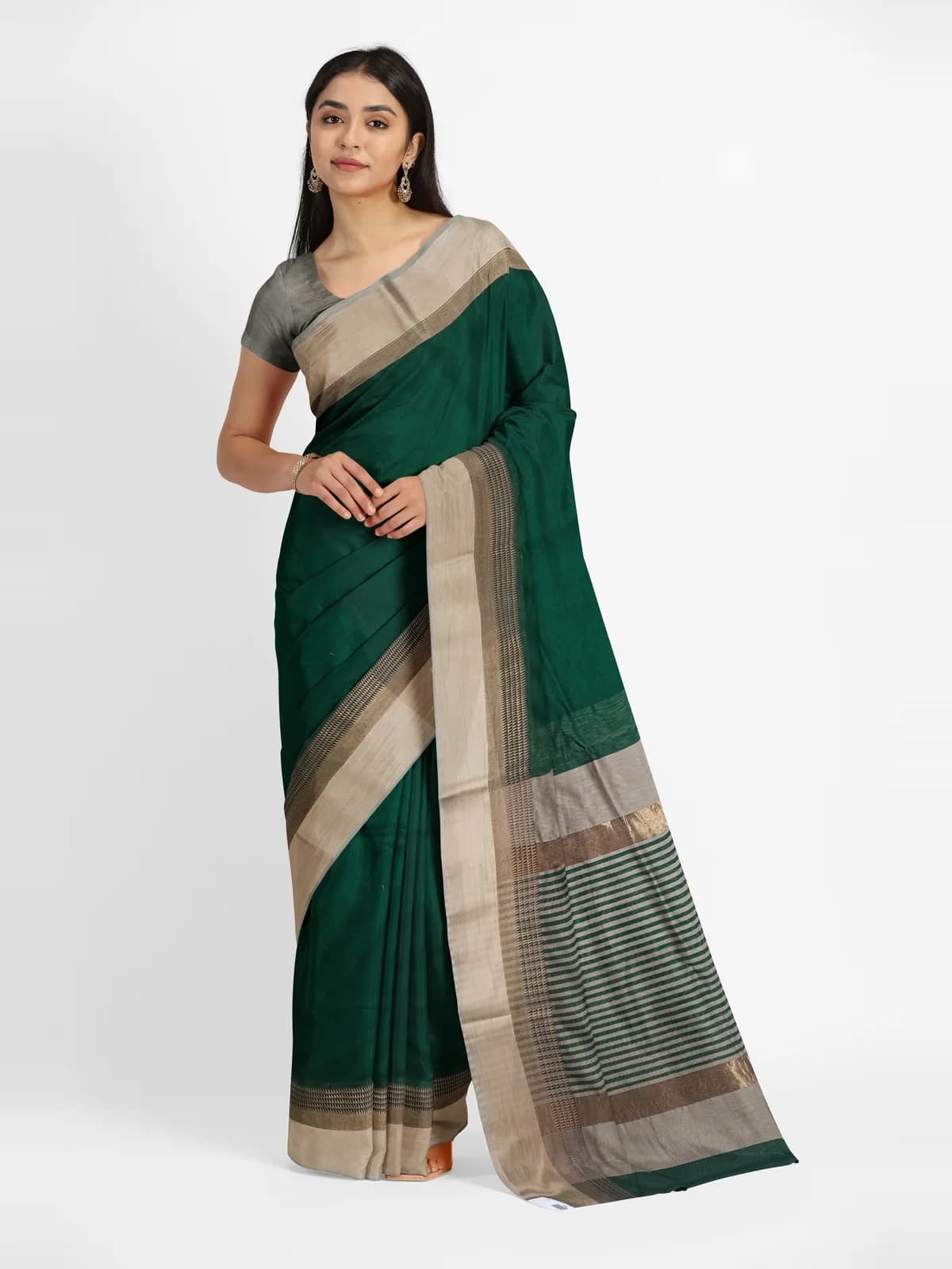 Maheshwari Saree — Bottle green