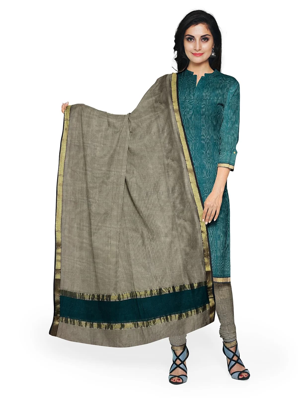 Maheshwari Suit Set (Unstitched) — Teal and grey