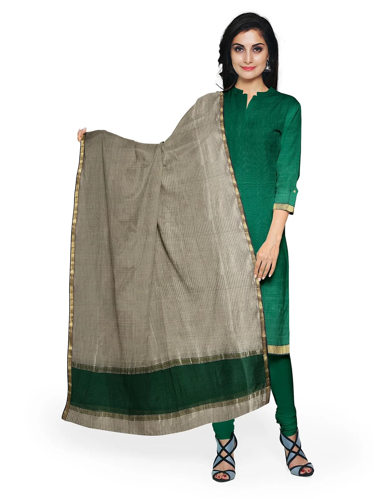 Maheshwari Kurta Fabric & Dupatta (Unstitched) — Green and grey