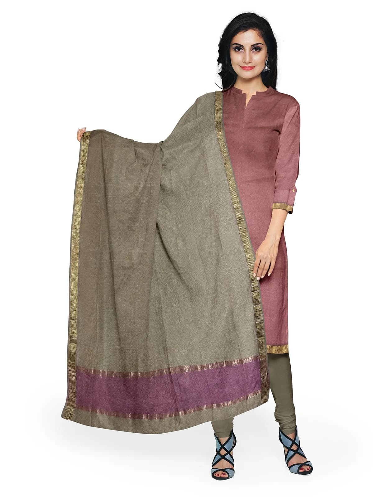 Maheshwari Kurta Fabric & Dupatta (Unstitched) — Onion pink and grey