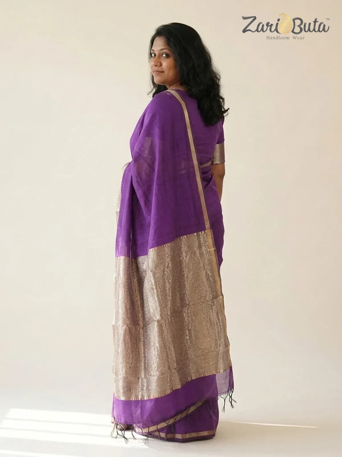 Maheshwari Silk-cotton Saree — Purple — worn