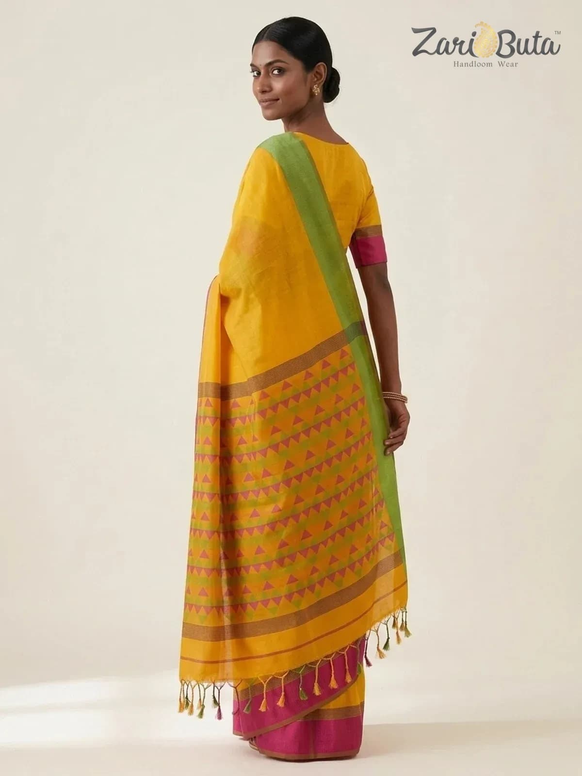 Maheshwari Silk-cotton Saree — Mustard — worn