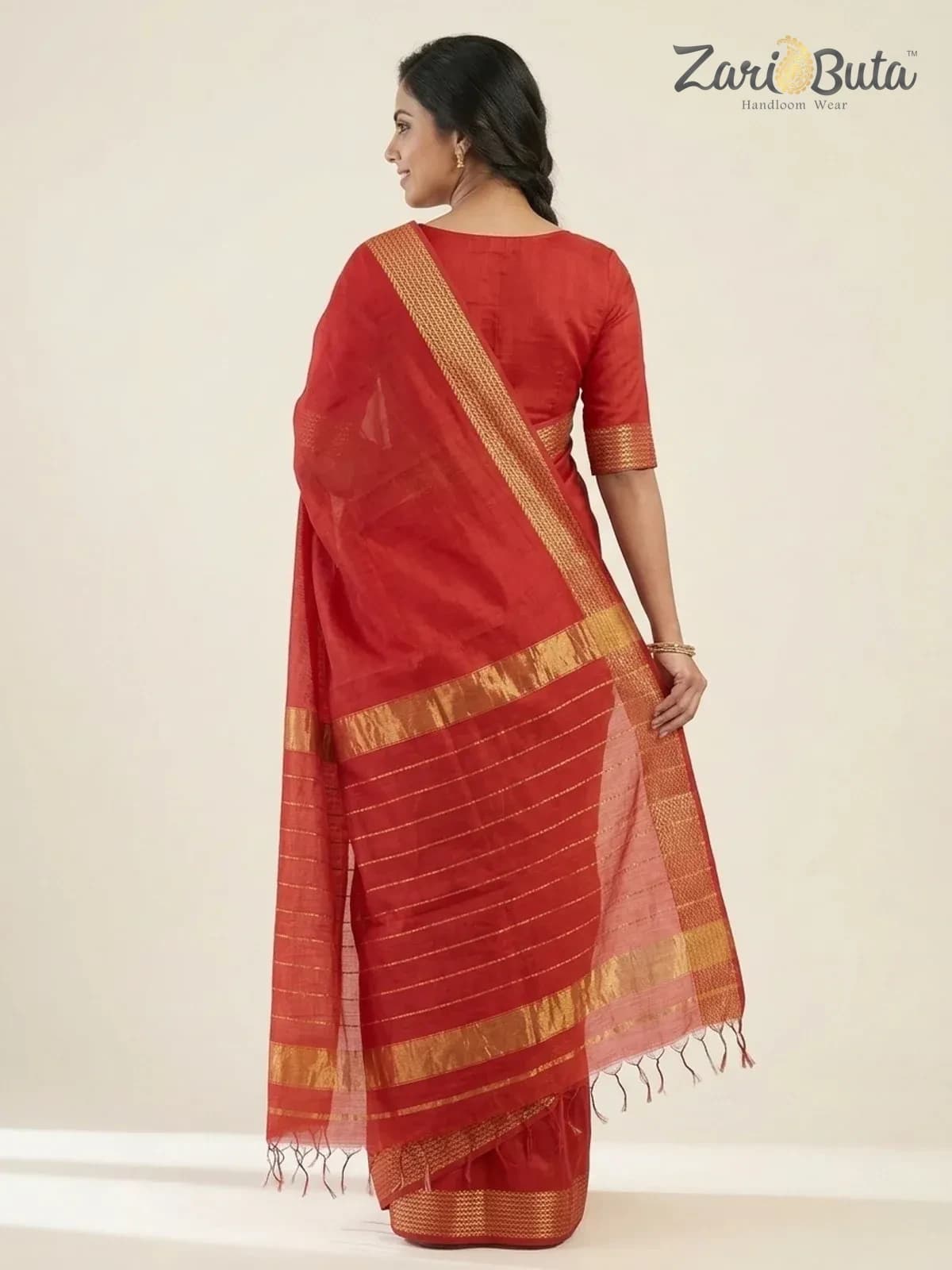Maheshwari Silk-cotton Saree — Red — worn