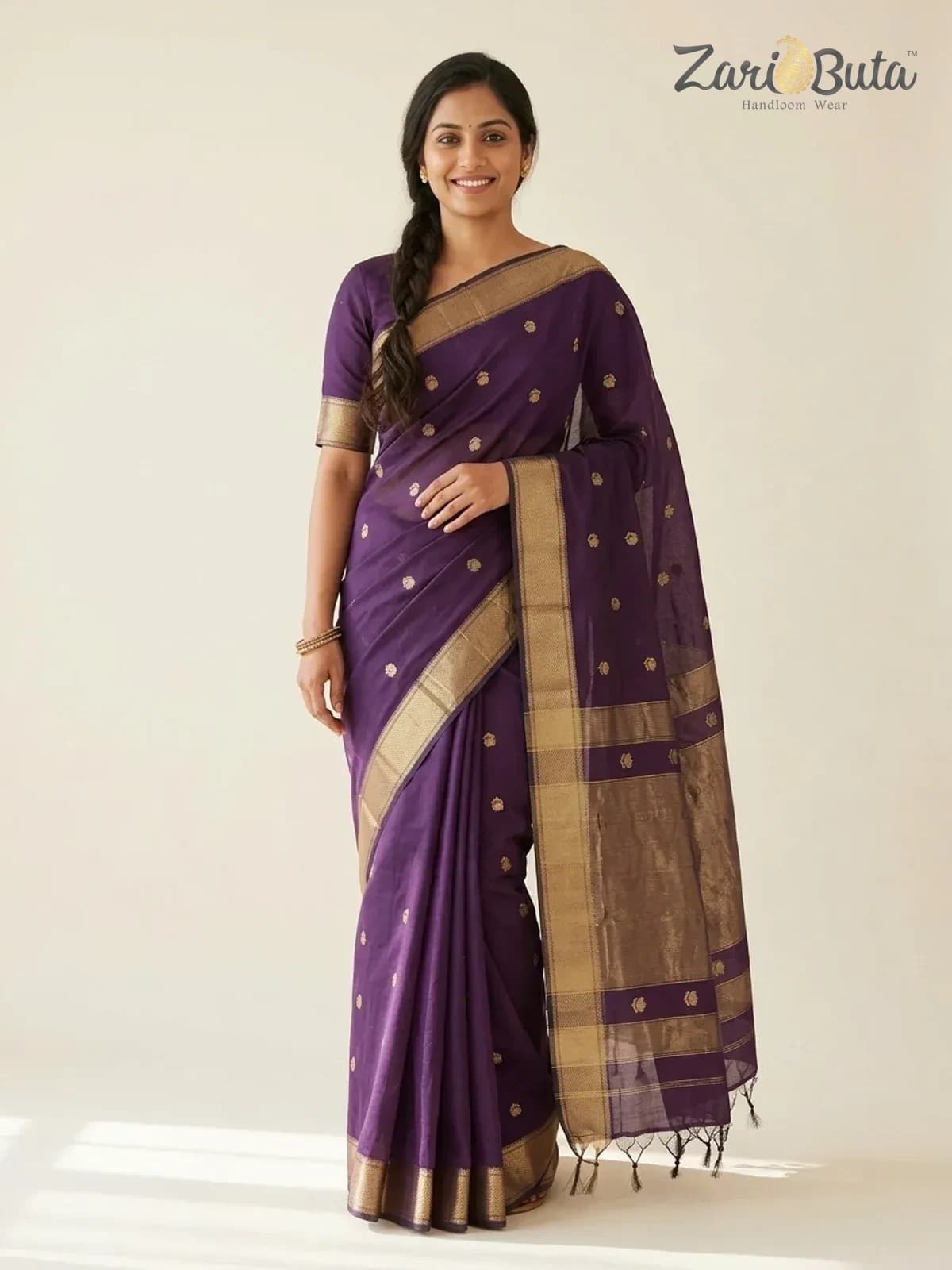 Maheshwari Silk-cotton Saree — Navy and grey — worn