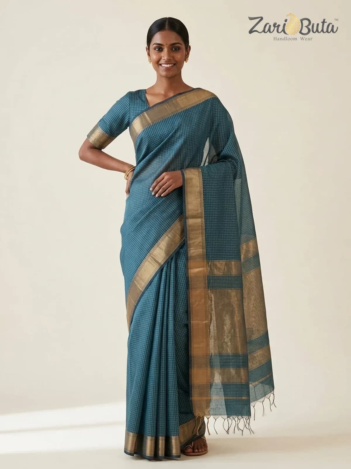 Maheshwari Silk-cotton Saree — Grey — worn