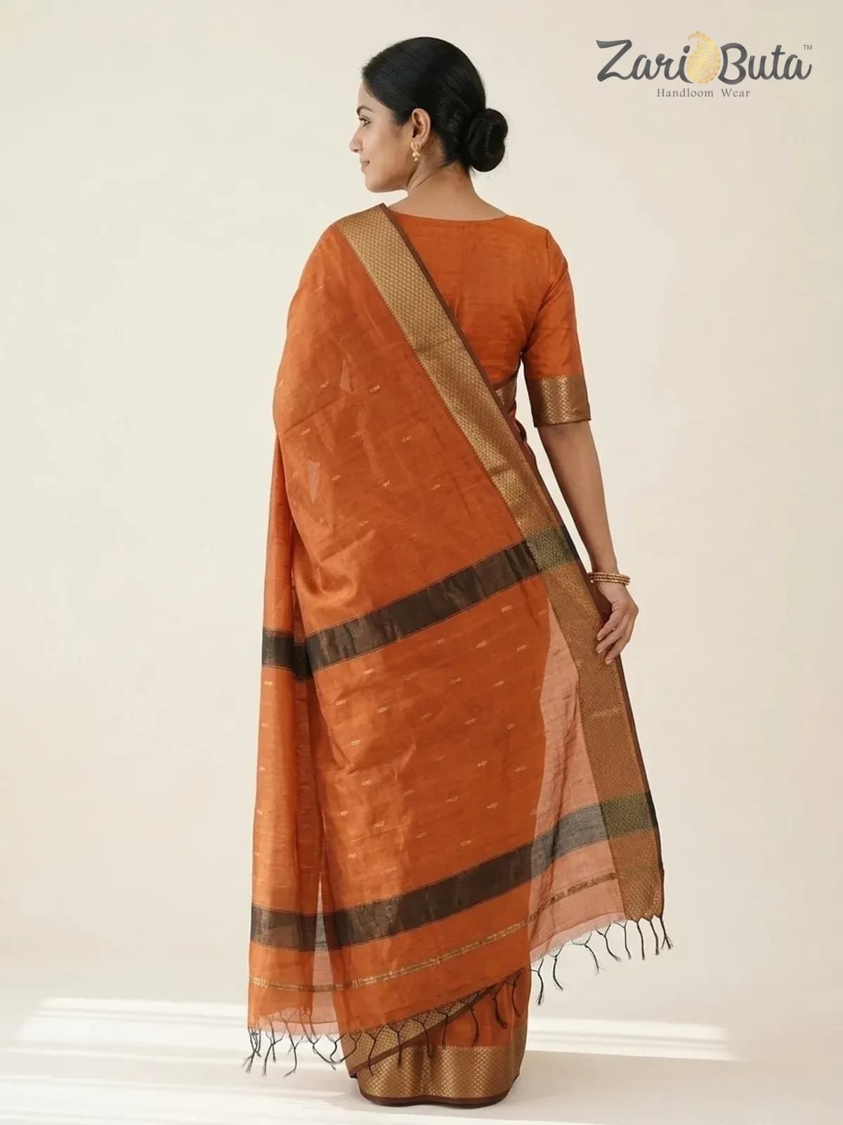 Maheshwari Silk-cotton Saree — Rust — worn