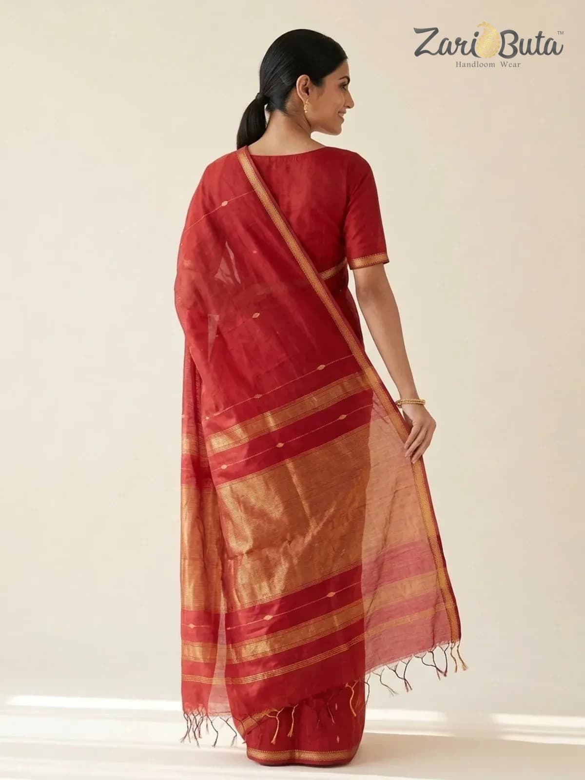 Maheshwari Silk-cotton Saree — Red — worn