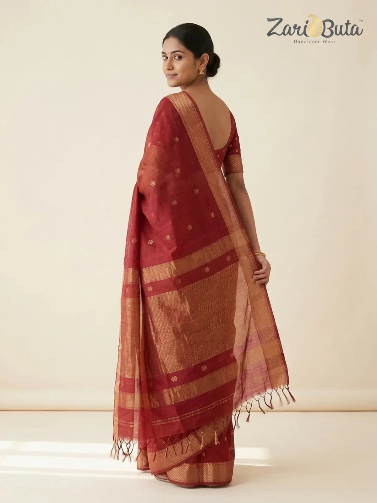 Maheshwari Silk-cotton Saree — Maroon and brown — worn