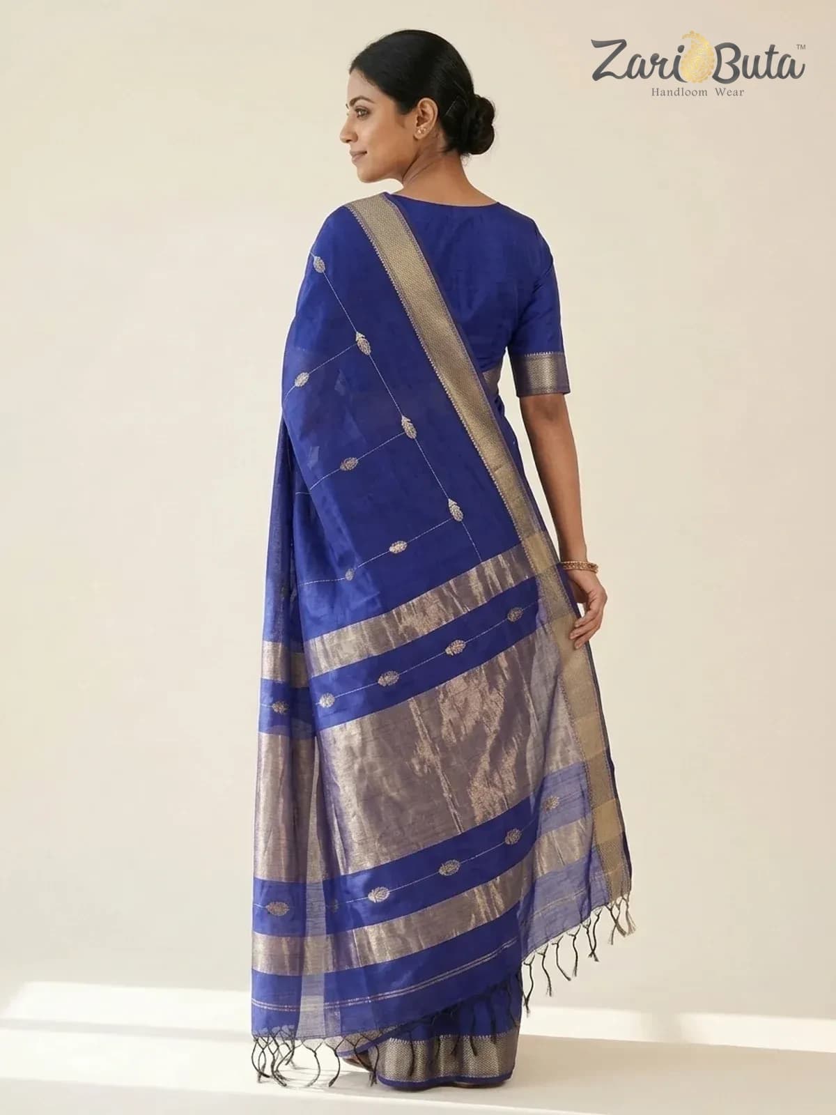 Maheshwari Silk-cotton Saree — Royal blue and grey — worn