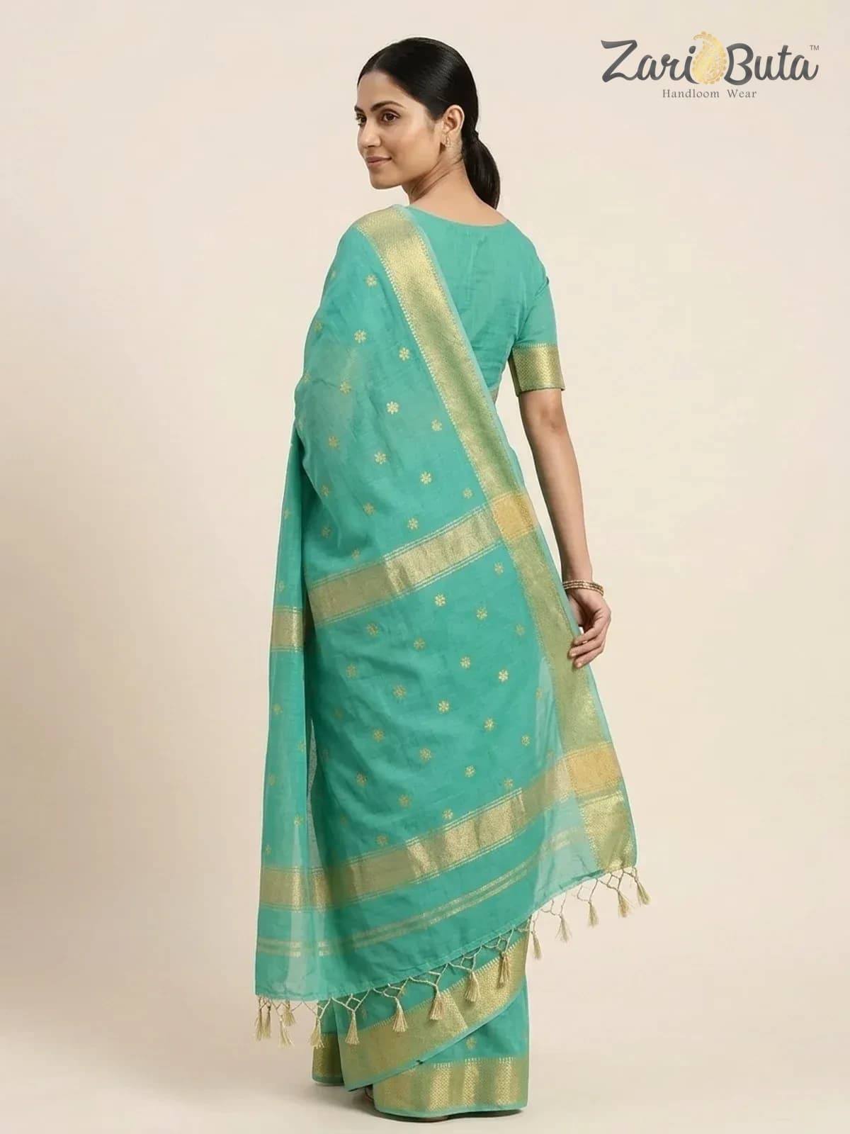 Maheshwari Cotton Saree — Teal — worn