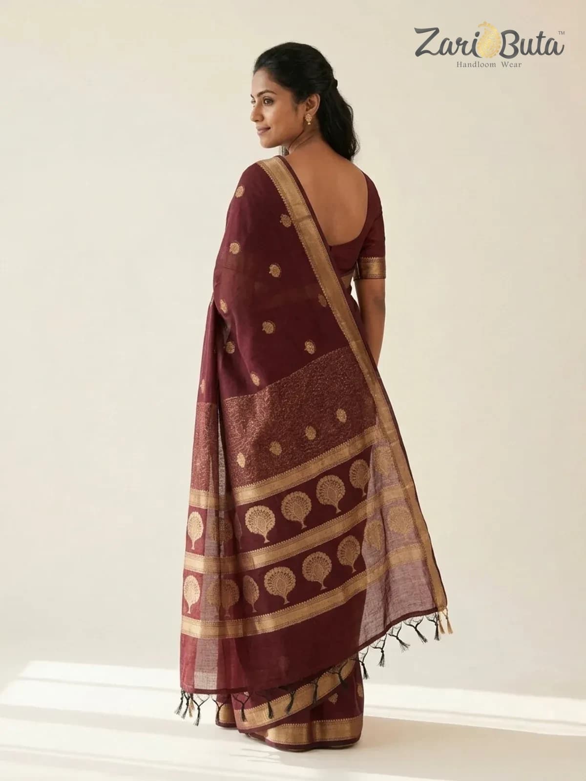 Maheshwari Cotton Saree — Wine — worn
