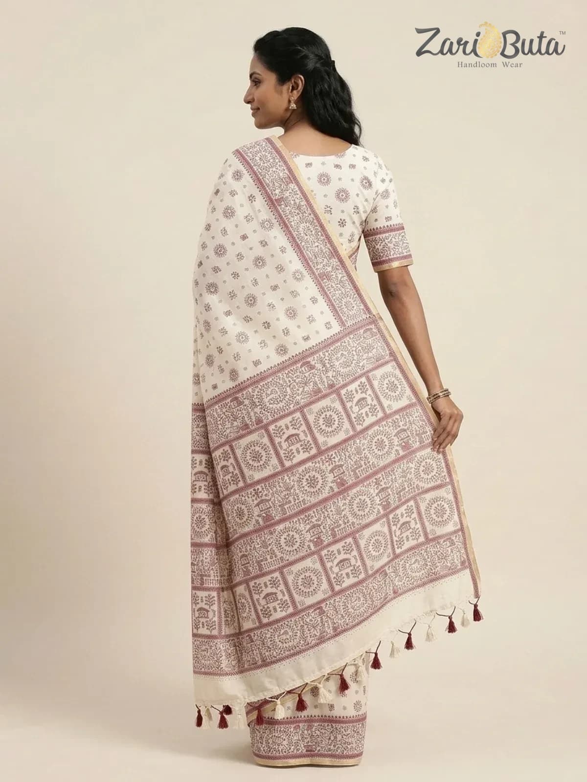 Maheshwari Cotton Saree — Grey — worn