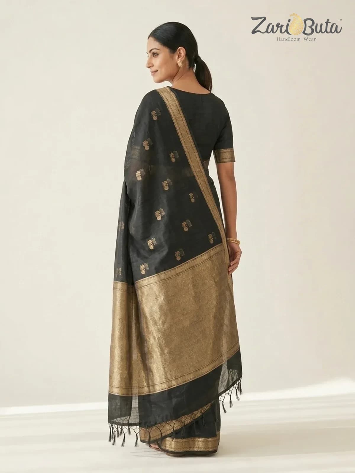 Maheshwari Cotton Saree — Black and beige — worn