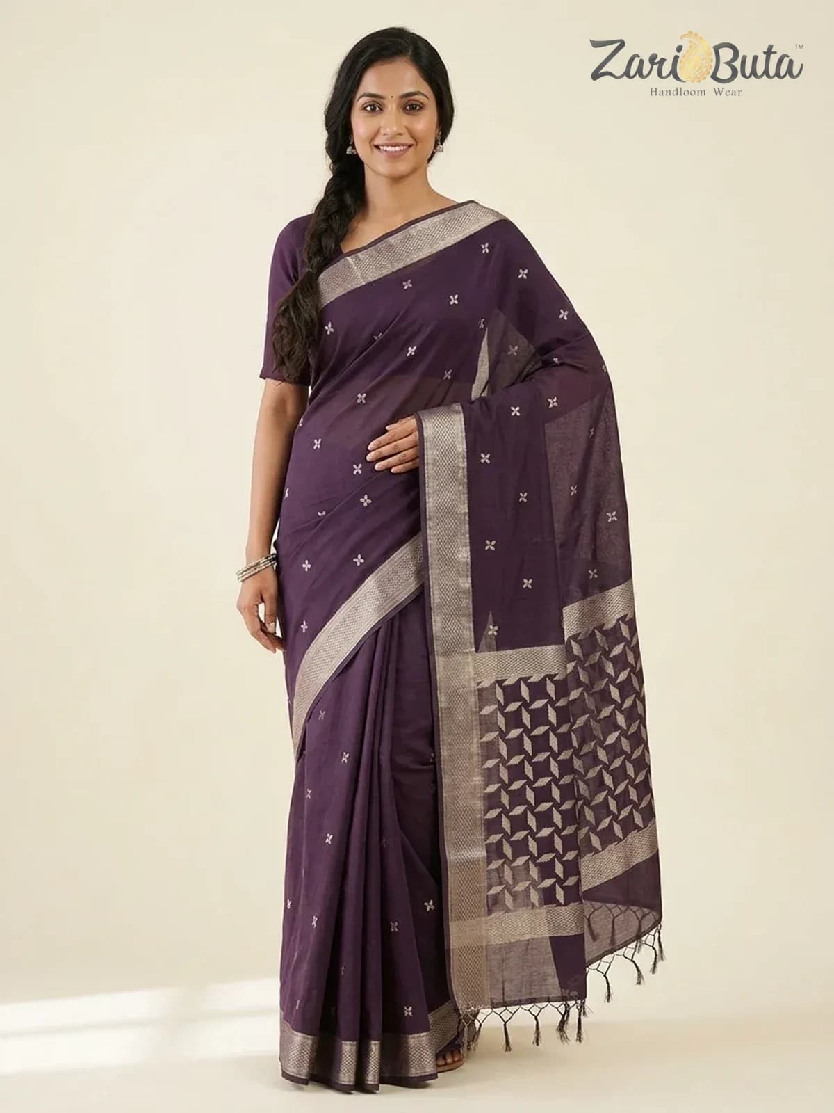 Cotton Saree — Grey — worn
