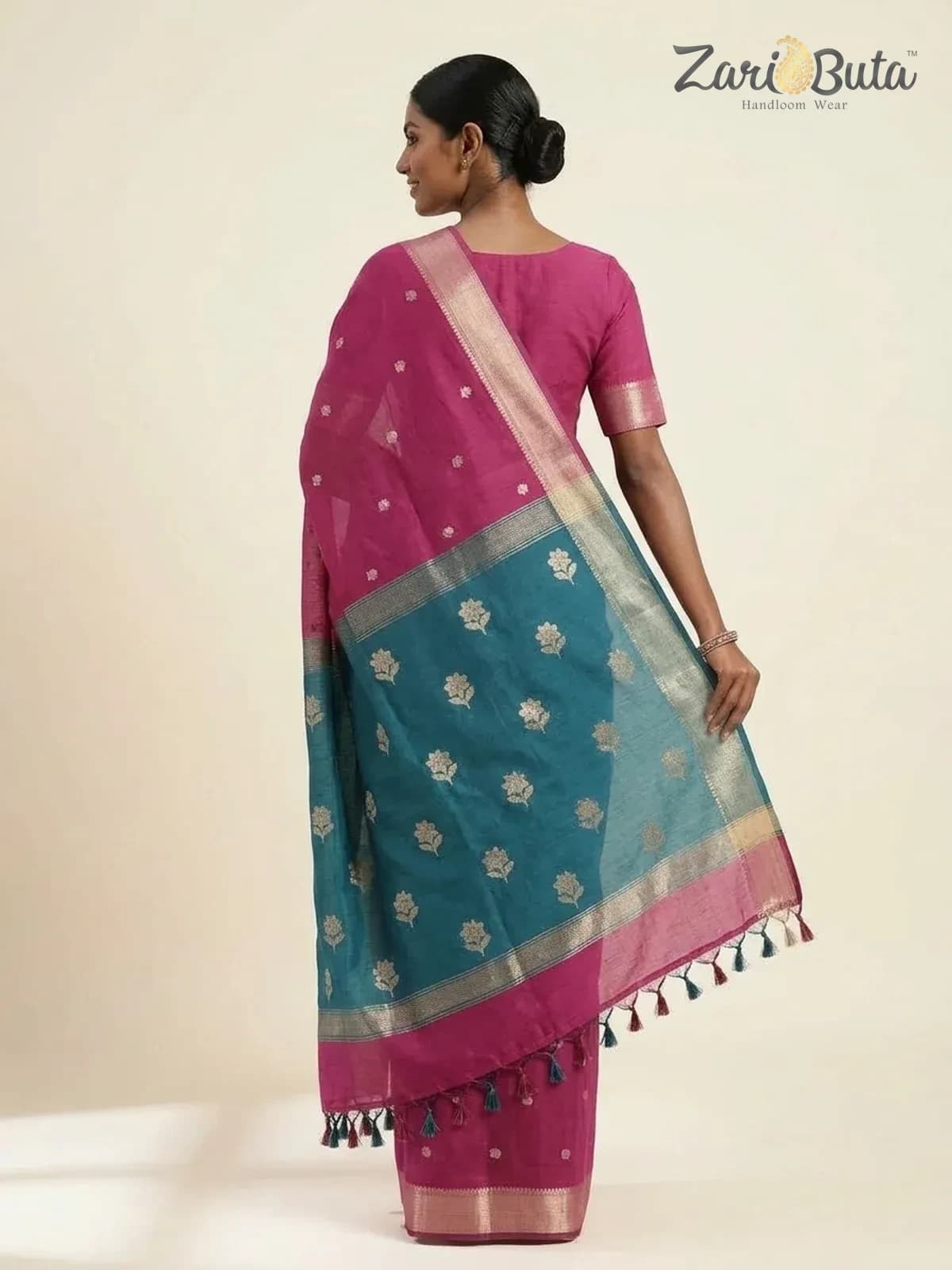 Cotton Saree — Rani pink and teal — worn