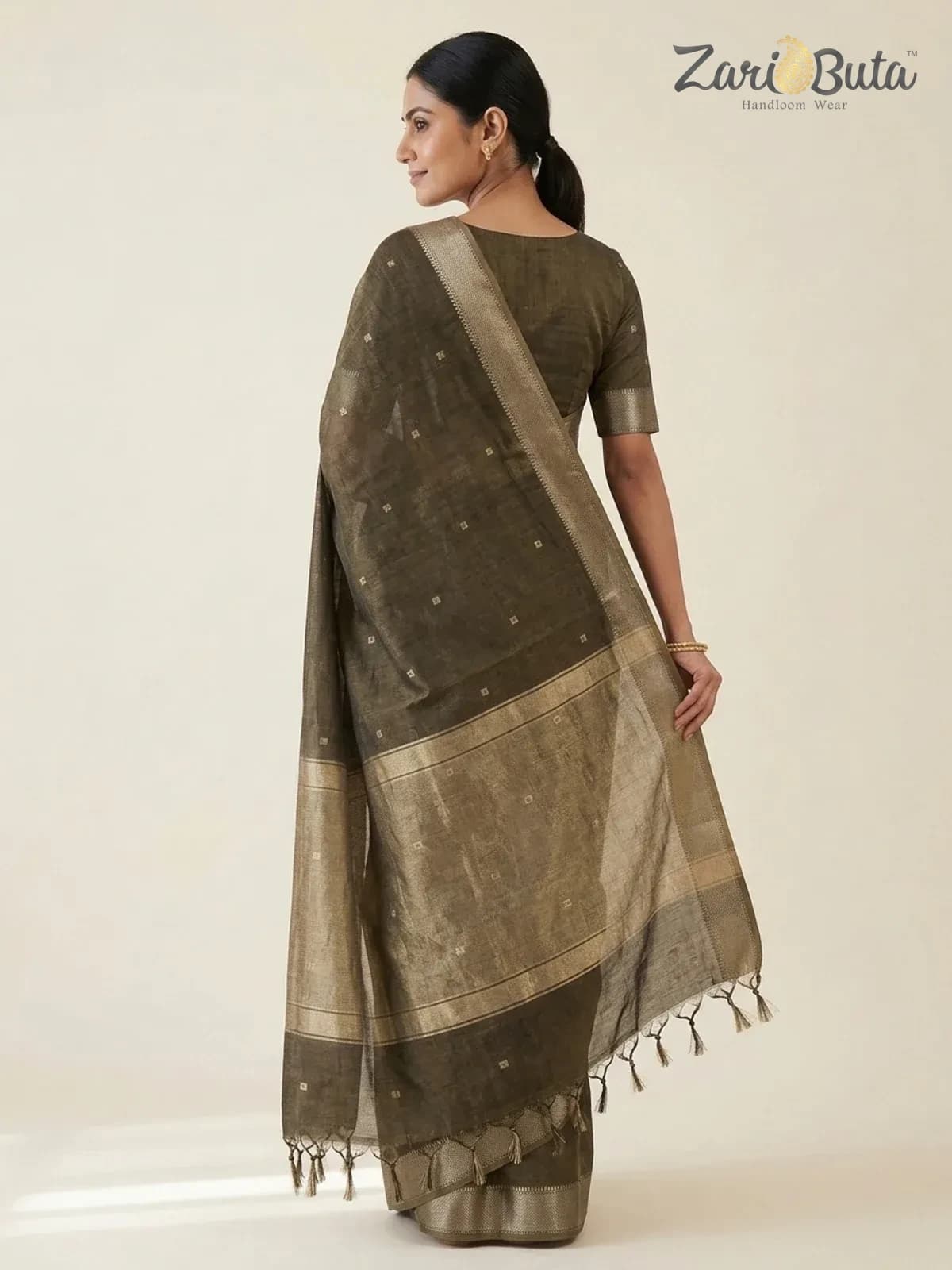 Maheshwari Cotton Saree — Brown — worn