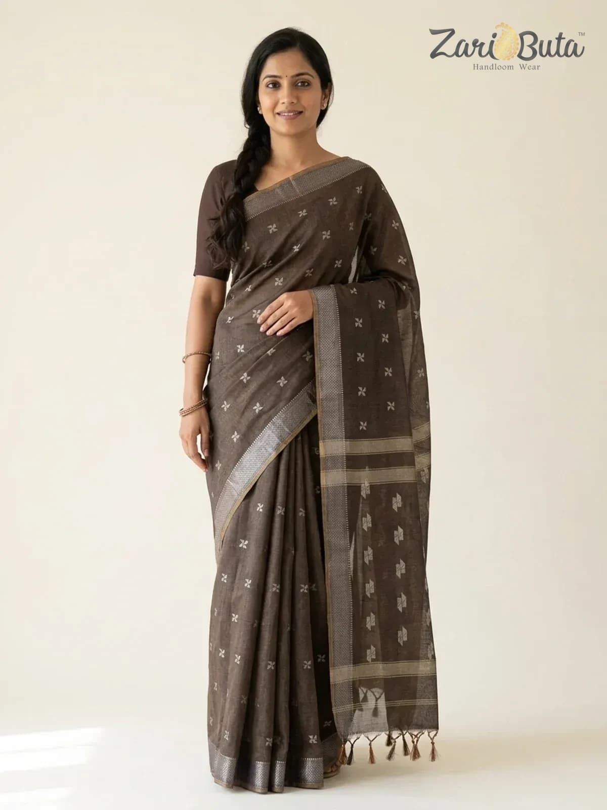 Cotton Saree — Brown and grey — worn