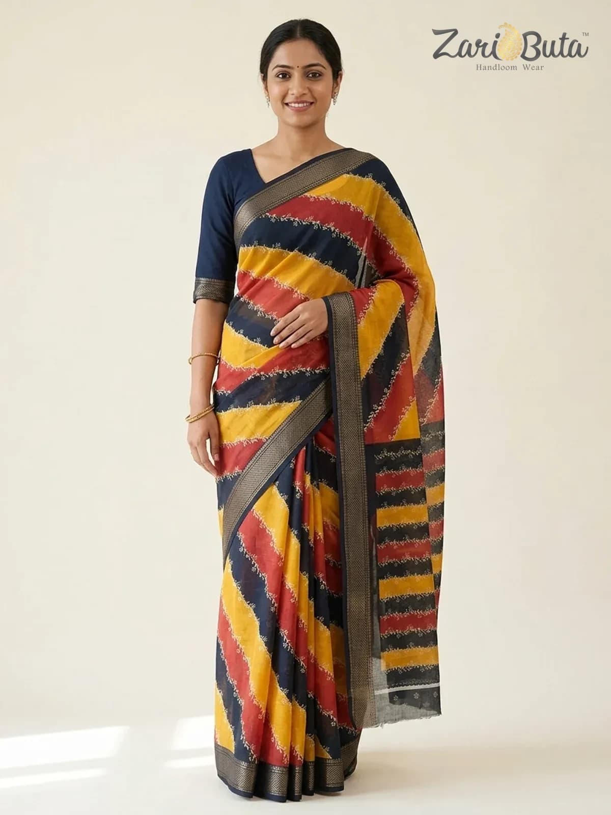 Cotton Saree — Black and mustard — worn