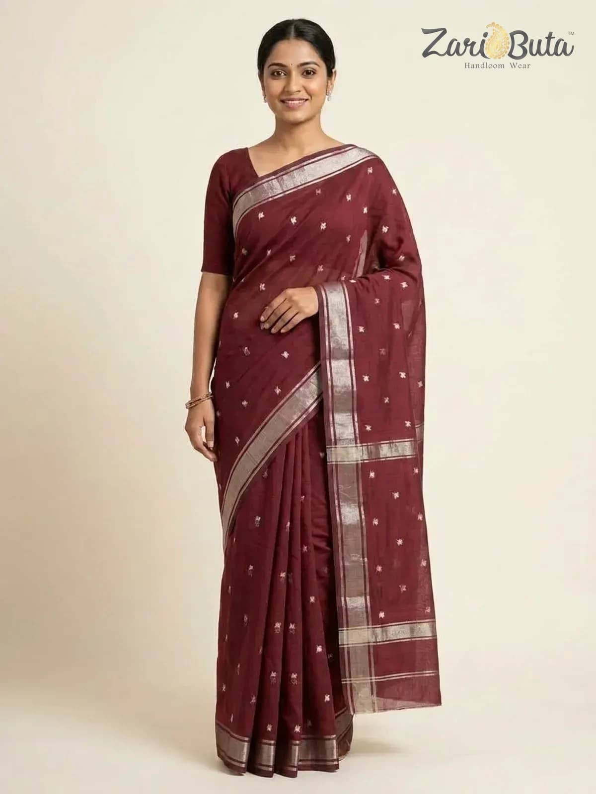 Cotton Saree — Maroon — worn