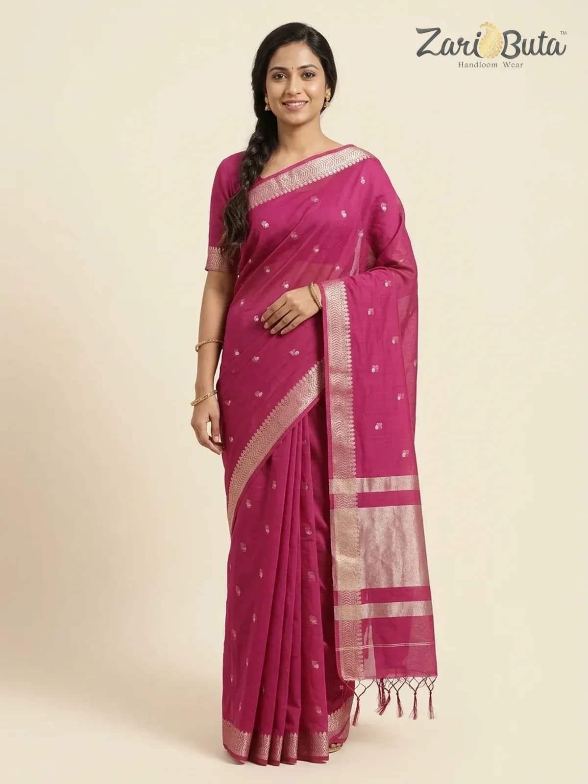 Cotton Saree — Rani pink — worn