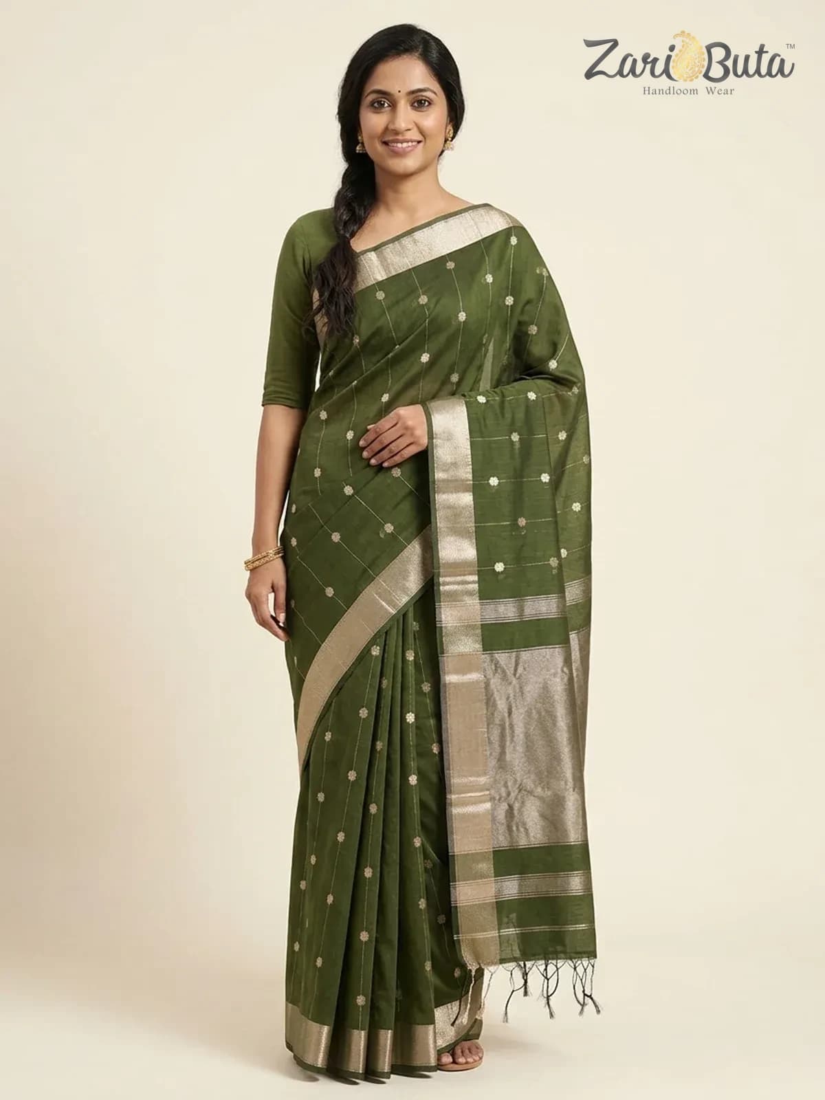 Cotton Saree — Bottle green — worn