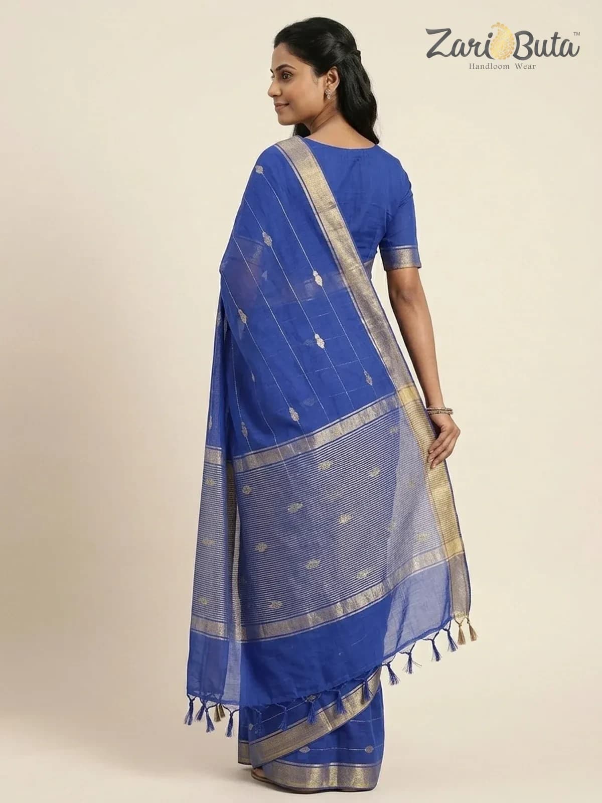 Maheshwari Cotton Saree — Royal blue and blue — worn