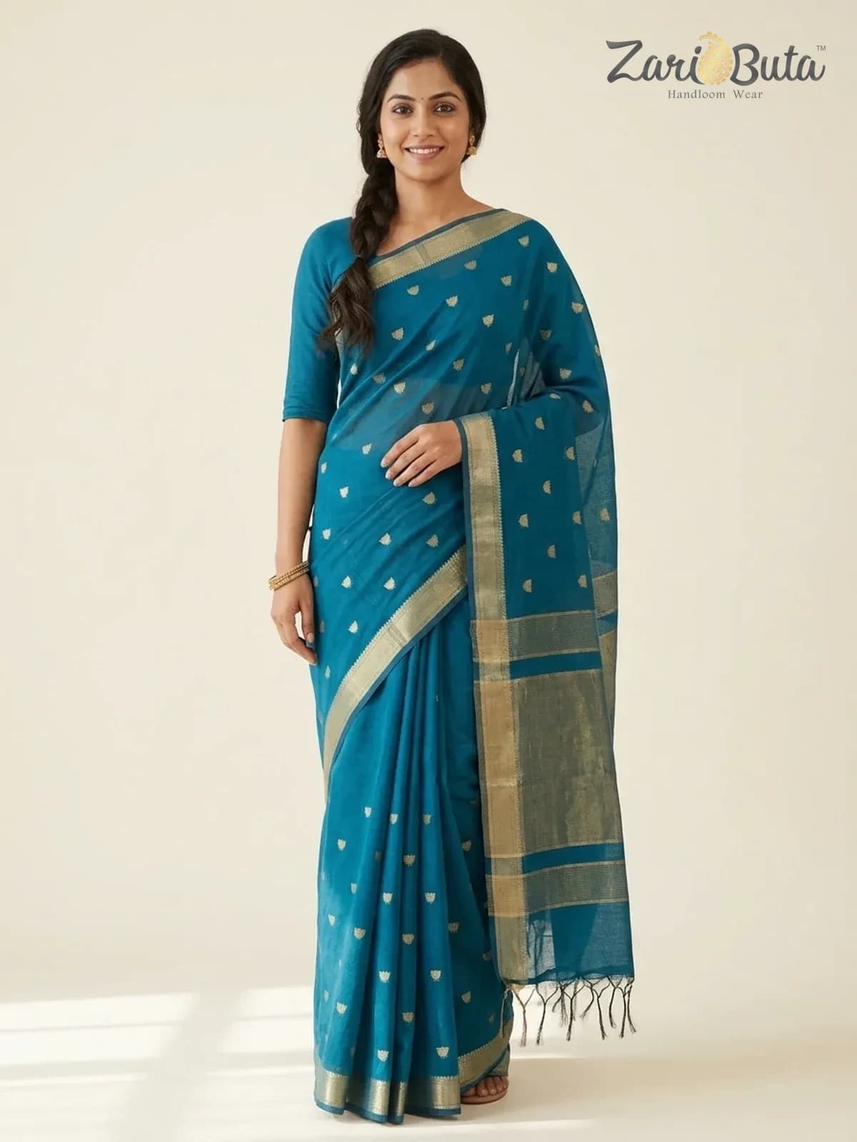 Cotton Saree — Teal — worn