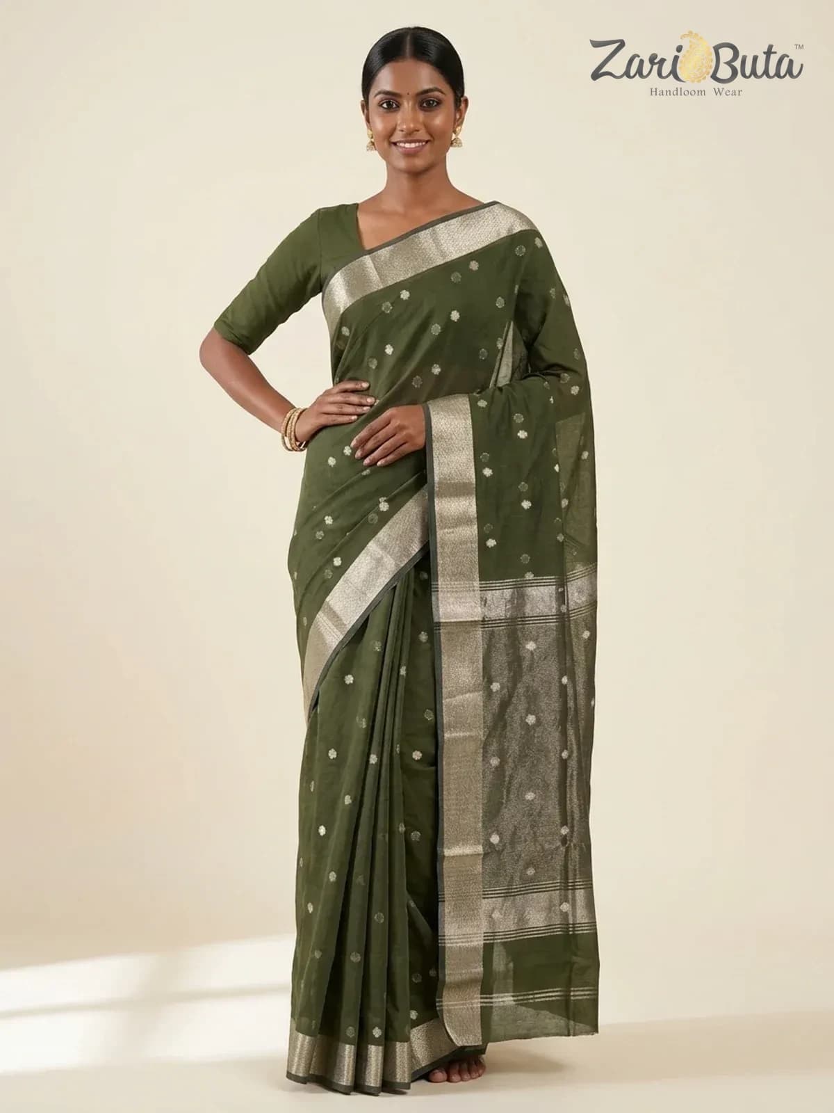 Cotton Saree — Grey and brown — worn