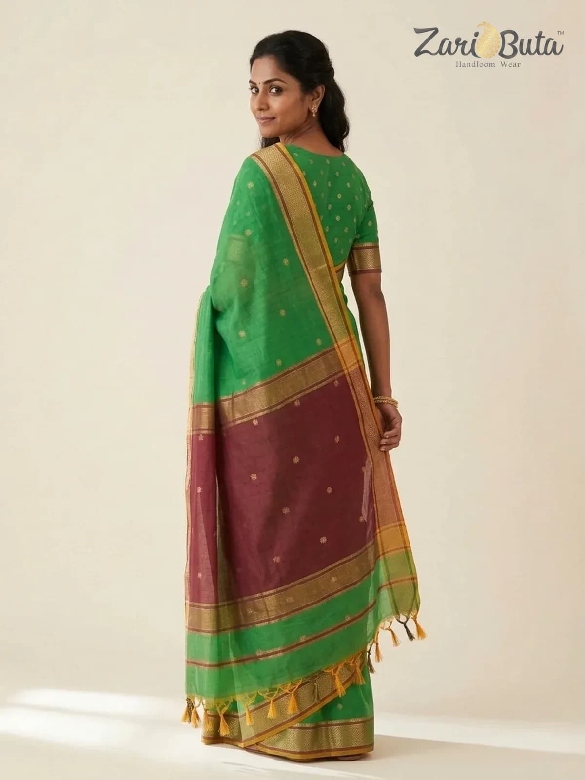 Maheshwari Cotton Saree — Green and brown — worn