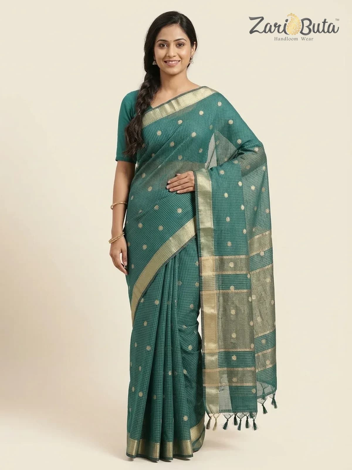 Cotton Saree — Teal and grey — worn