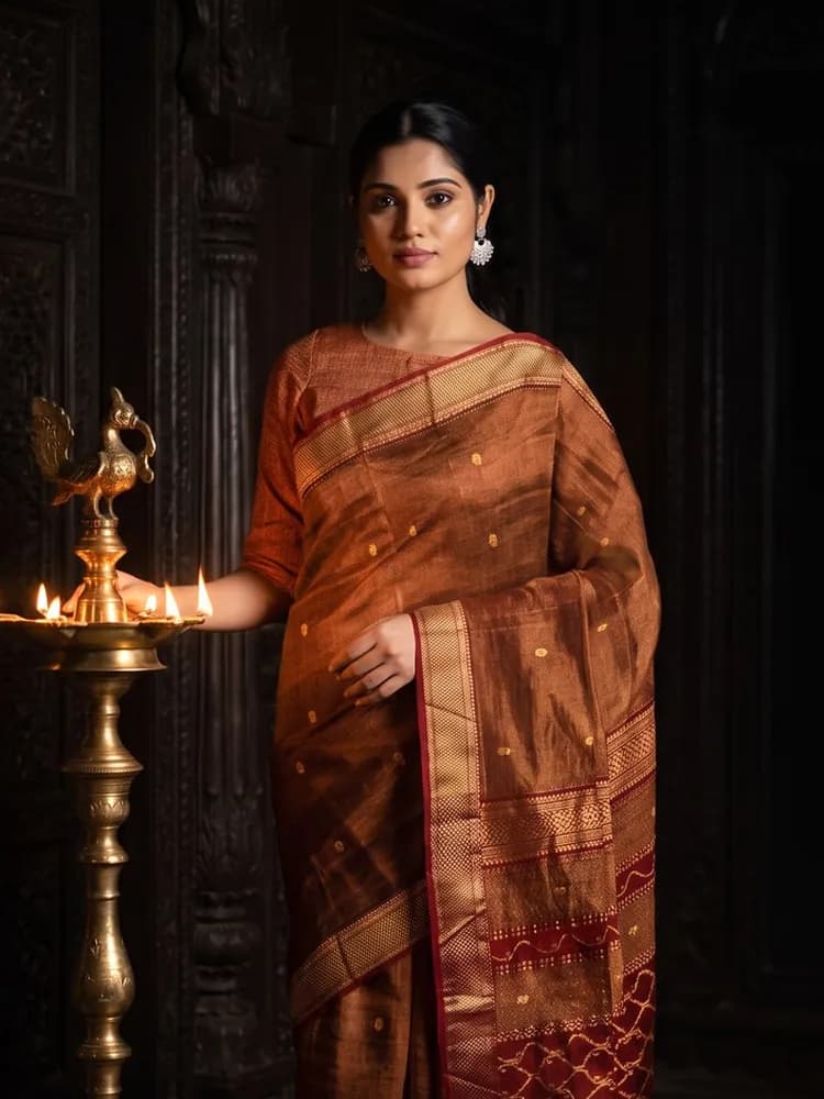 Maheshwari Tissue Saree — Rust — campaign photo 1
