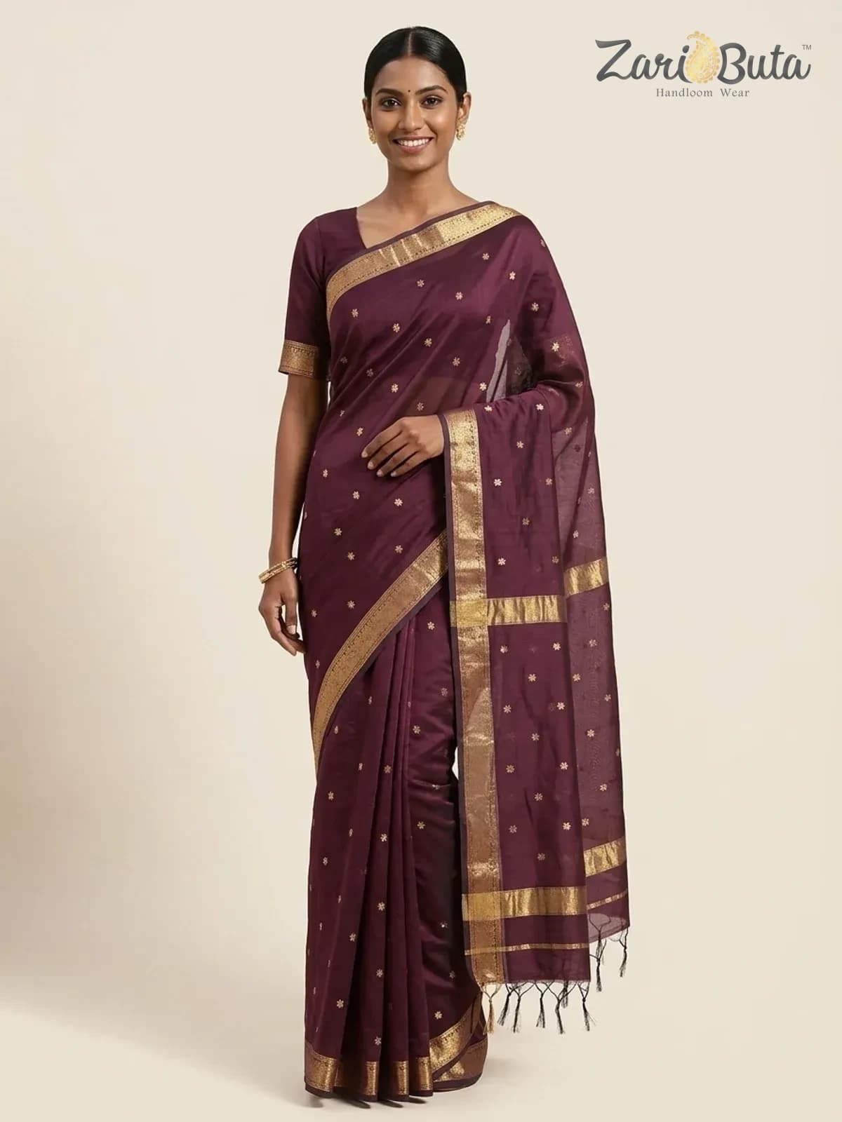 Maheshwari Silk-cotton Saree — Wine — worn